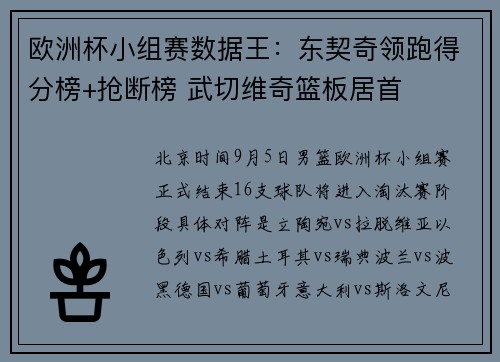 欧洲杯小组赛数据王：东契奇领跑得分榜+抢断榜 武切维奇篮板居首